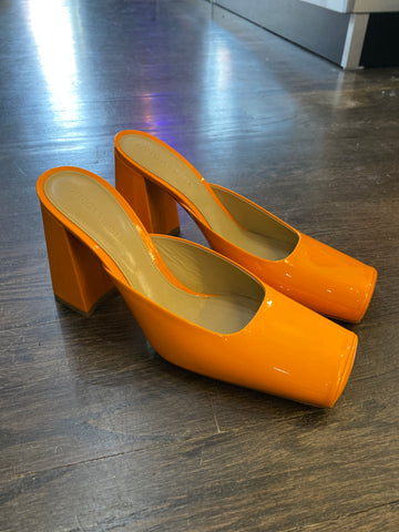 Bottega Veneta Orange Patent Leather Square Toe Mules