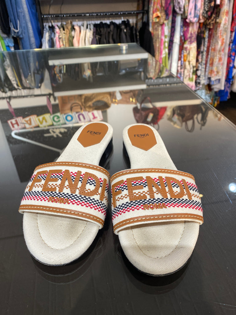 Fendi Roma Fabric and Leather Cognac Slide