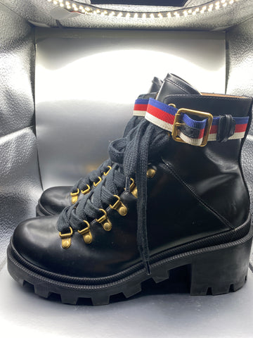 Gucci Black Block Heel 'SYLVIE'  Lace Up Bootie with Grosgrain Trim Buckle