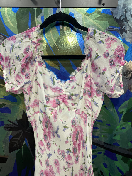 LOVE SHACK FANCY MADARA White and PInk Cap Sleeve Floral Maxi Dress