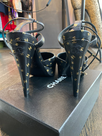 Chanel Black Leather Gold CC PLatform Patent Leather Toe Ankle Strap Heels