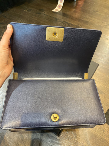 Chanel Dark Blue New Medium Caviar Leather Quilted Boy Bag with Antique Gold Hardware