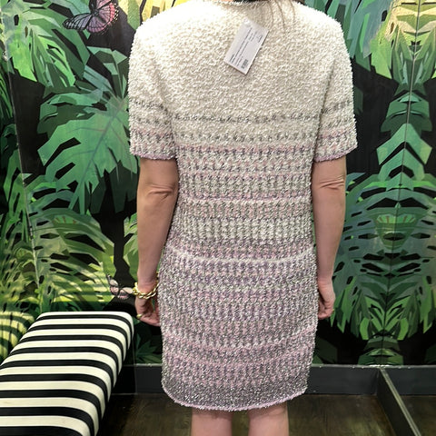 CHANEL White, Lavendar and Silver Tweed Short Sleeve Dress