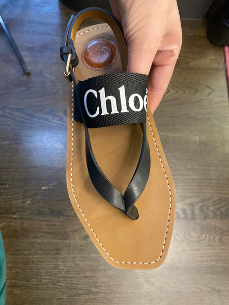 CHLOE WOODY Flat Sandal with Chloe Black Fabric Logo Strap