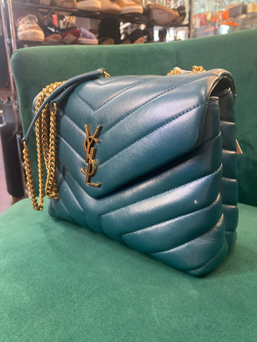 YSL Lou Lou Small Quilted Teal Bag with Gold Hardware