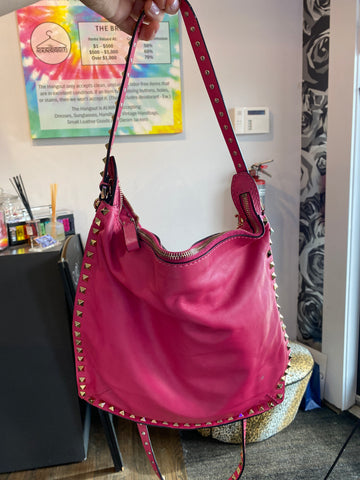 Valetnino Fuschia  Leather Rockstud Flat Crossbody Bag
