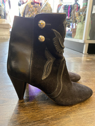 Isabel Marant Black Suede Printed Western Leather Design Boote with Silver Hardware