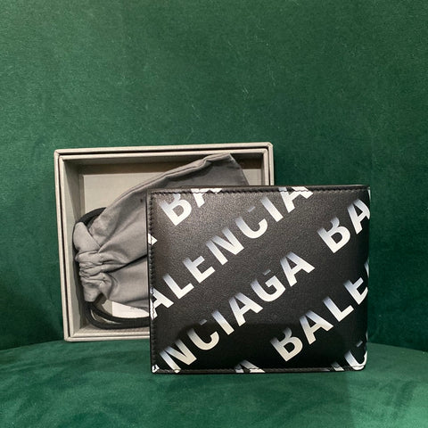 Balenciaga Black Leather folded Wallet with White letter