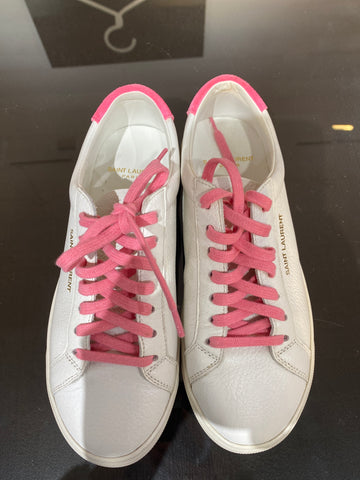 Saint Laurent White Pebbled Leather Sneaker with Pink Laces