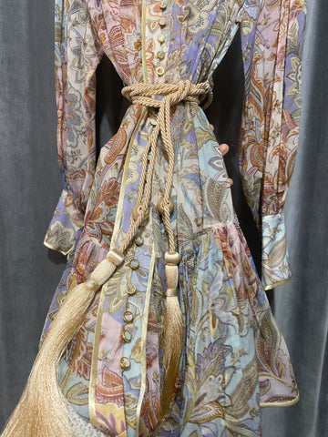 ZIMMERMANN Floral/Paisely Print Long Sleeve Silk Rope Belt Dress