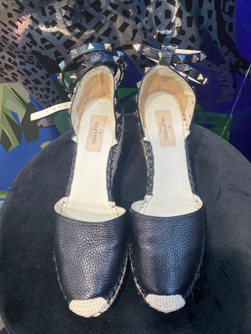 Valentino Black Leather Espadrill Wedge Ankle Strap