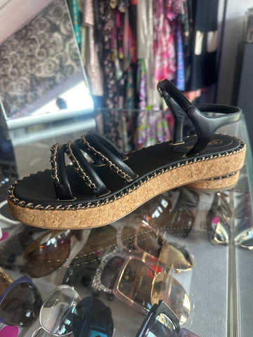 Chanel Cork Black Leather Strappy Sandal with Gold Chain