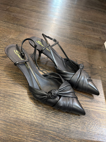 SANTONI Black Leather Slingback Pointed Toe Kitten Heel