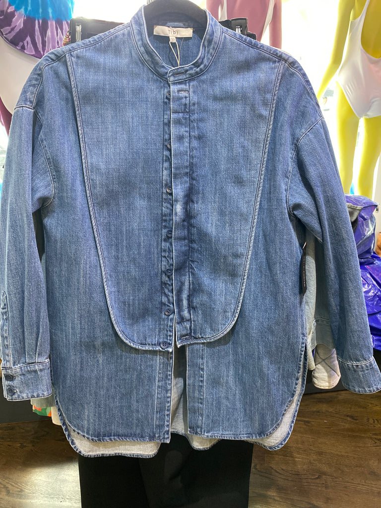 TIBI Collarless Denim Overshirt