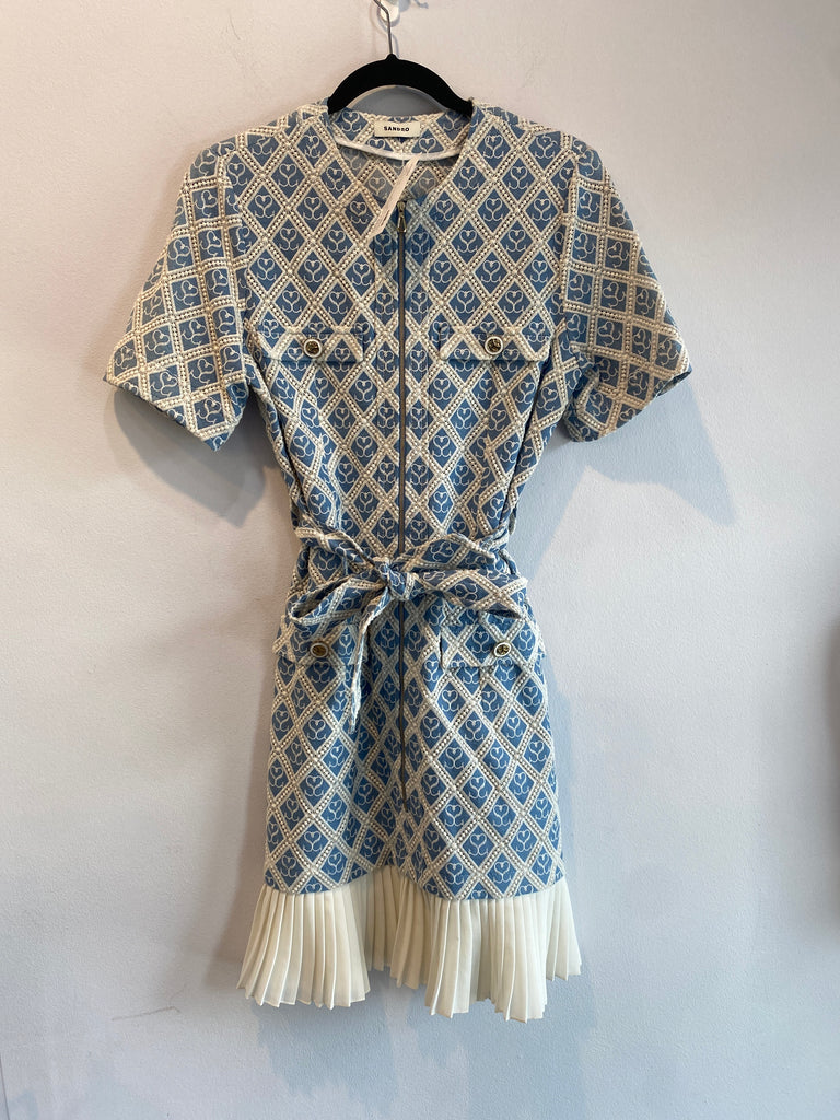 SANDRO Blue and White Short Sleeve Zipper Dress with White Pleated Bottom