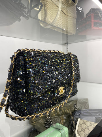 Chanel Black Green and Gold Sequin Flap Bag Gold Hardware