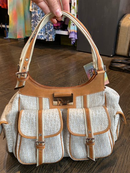 Vintage: Christian Dior White Fabric Frame Pocket Cognac Trim Shoulder Bag