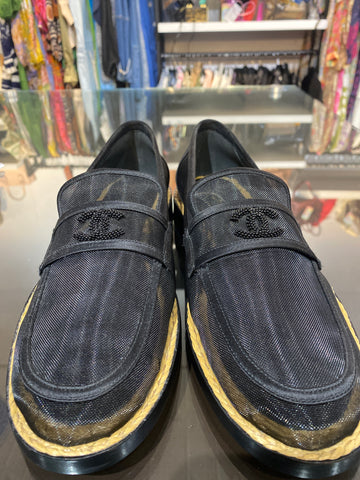 CHANEL Black Mesh Loafer with Black Beaded CC