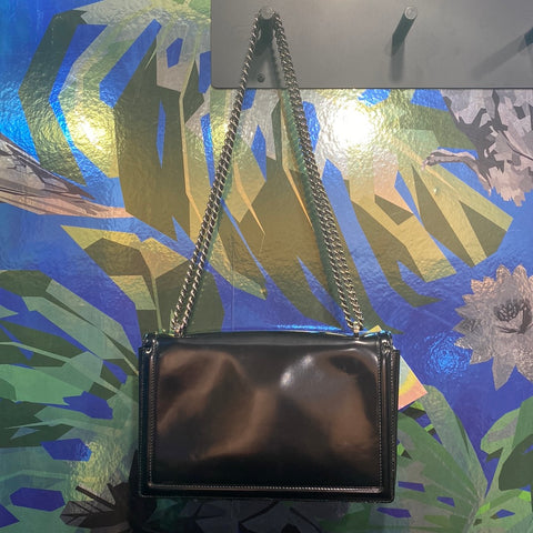 Ferragamo Black Patent Leather 'Ginny' Silver Shoulder Bag