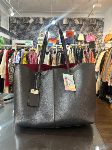 TODS Black Grained Leahter Tote Bag with. Maroon Suede Interior