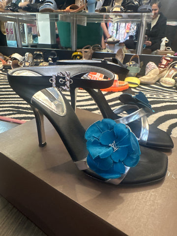 Vintage: Louis Vuitton Black Satin and Silver leather Sandal with Silk Teal Flower
