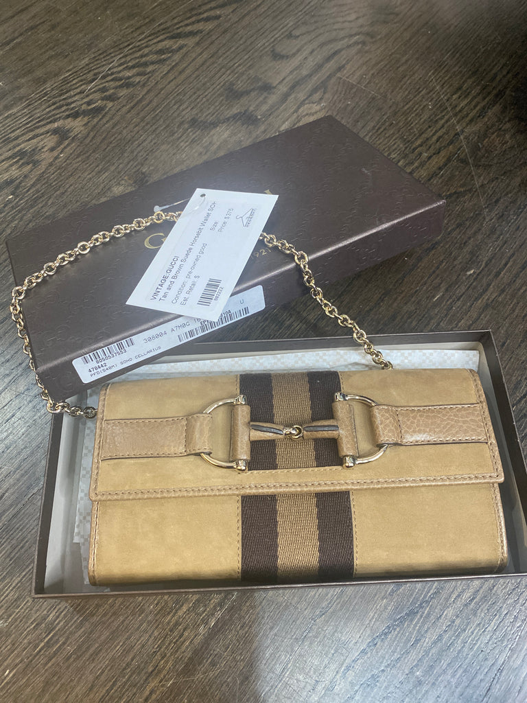 Vintage:Gucci Tan and Brown Suede Horsebit Wallet SOHO CELLARIUS on Chain