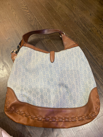 Vintage: Gucci Denim GG Supreme and Brown Leather Tassel Crossbody Bag