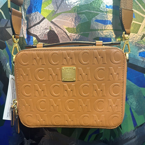 MCM Camel Leather Embossed Square Structured Klassik Crossbody