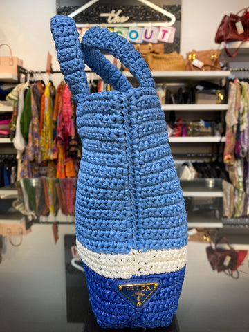 Prada Blue Striped Logo Raffia Grass Top Handle Tote