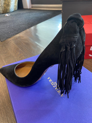 Aquazzura Black Suede Fringe Back Pump