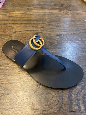 Gucci Navy Leather and Gold GG Thong Sandal