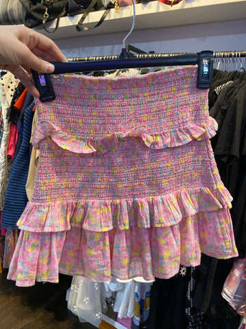 Love Shack Fancy Pink Floral Smocked Mini Skirt