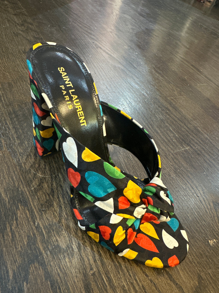 Saint Laurent Black Satin Heart Criss Cross Mule