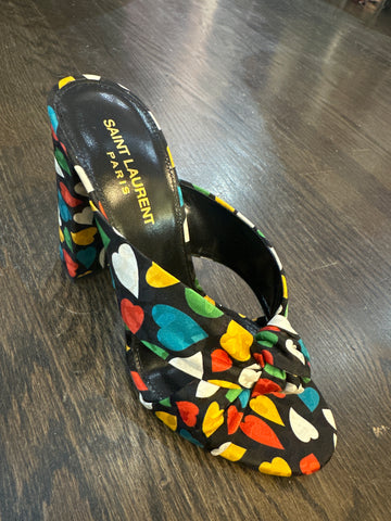 Saint Laurent Black Satin Heart Criss Cross Mule