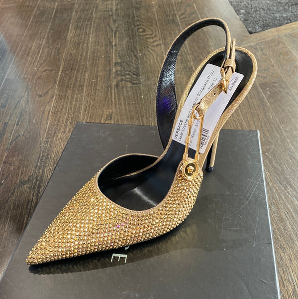 Versace Gold Crystal and Leather Slingback Pointed Toe Heel