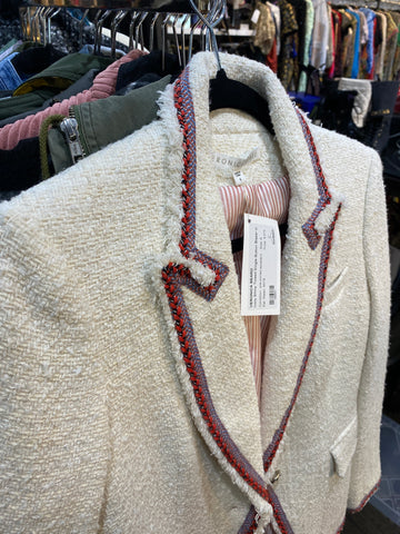 Veronica Beard Ivory Shiny Tweed Single Button Blazer with Coral Braided Trim Dickey Jacket