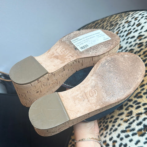 CHANEL Navy Suede CC Stitching Cork Wedge