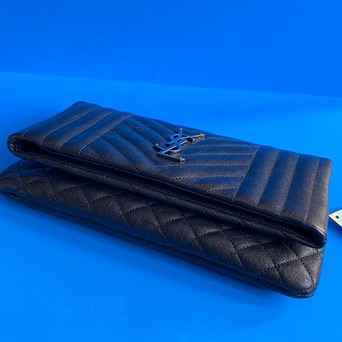 Saint Laurent Black Leather Folded Clutch with Matte Silver YSL Logo