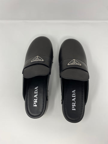 Prada Black Leather Triangle Logo Studded Wooden Bottom Clogs