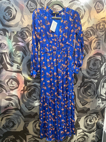 Scotch & Soda Blue Floral Long Sleeve V Neck Ruffle Bottom Maxi Dress