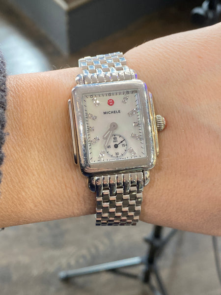 Michele Silver Rectangle Deco Mother of Pearl Face Silver Band Watch