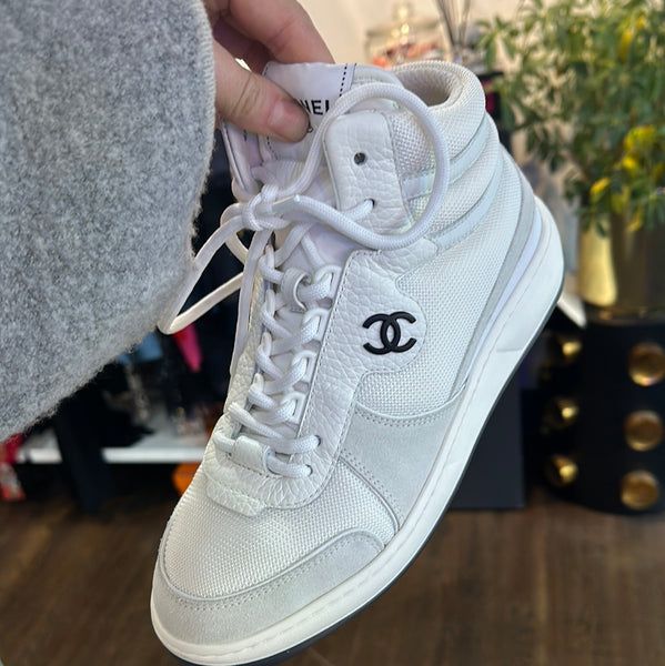 Chanel White Fabric, Suede, Calfskin and & Grained Calfskin High Top Sneaker