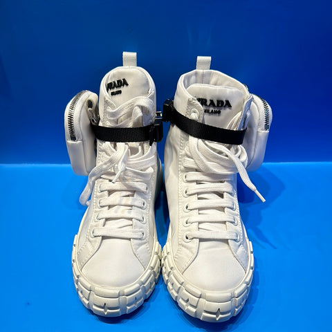 Prada White Nylon Side Pouch High Top Sneaker