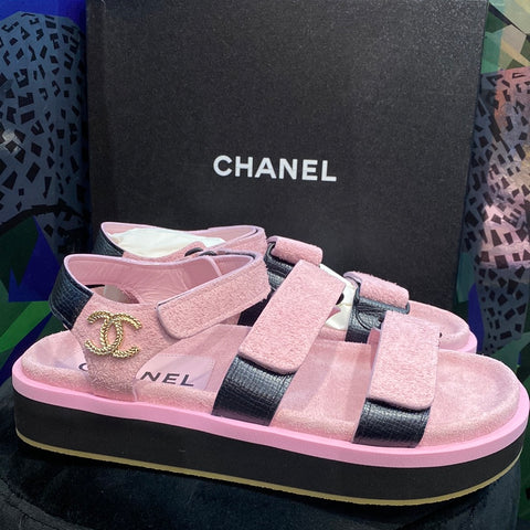 Chanel Pink Suede and Black Calfskin Dad Velcro Sandals