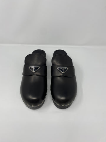 Prada Black Leather Triangle Logo Studded Wooden Bottom Clogs