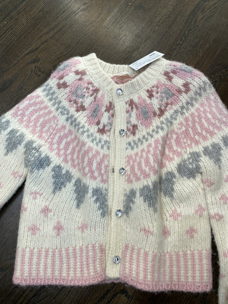 Love Shack Fancy 'JAMIE' White, Grey and Light Pink Crystal Button Down Cardigan
