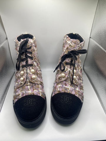 Chanel Lavender Tweed Lace Up Back Zip Bootie wiht pearl