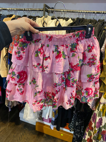 Love Shack Fancy Pink Floral Tiered Mini Skirt