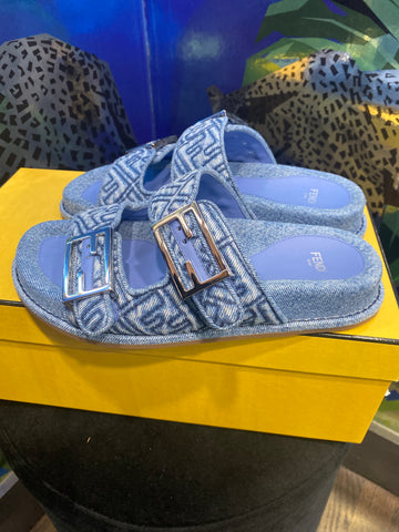 FENDI Denim F Logo Two Strap Sandal
