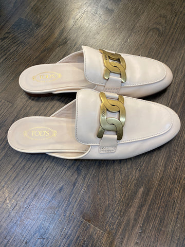 TOD'S Beige Leather Mule with Large Gold Chain Shoe